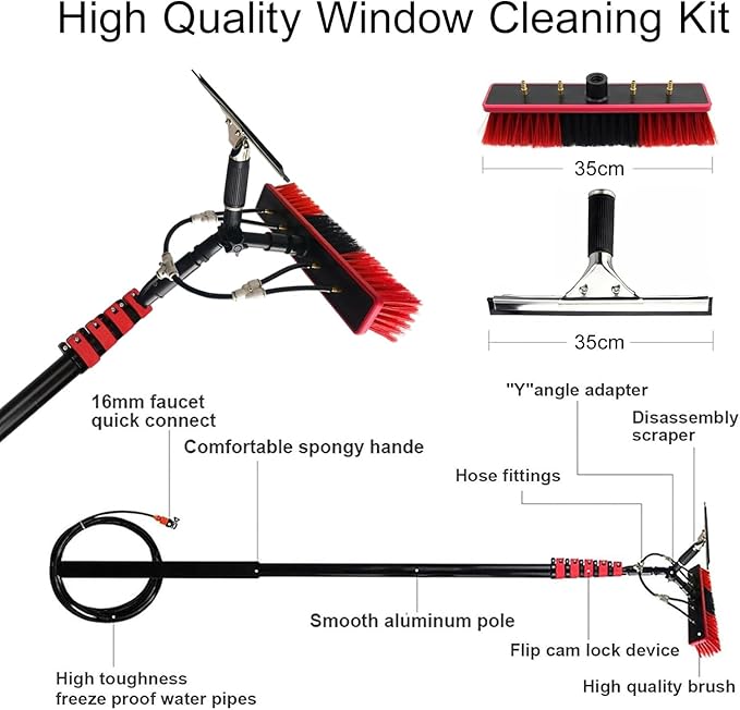 Extendable Window Cleaning Pole with 20m Hose, Window Brush & Solar Panel Cleaner, Conservatory Roof Cleaning Tool, Includes Rubber Gloves, 3.6m/12ft Long Reach