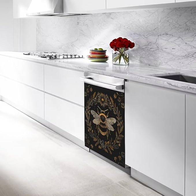 Flower and Bee Wallpaper Dishwasher Magnetic Cover Sticker Refrigerator Fridge Magnet Panel Decal Magnets Home Kitchen Fridge Front Door Cover 23W x 17H inchs