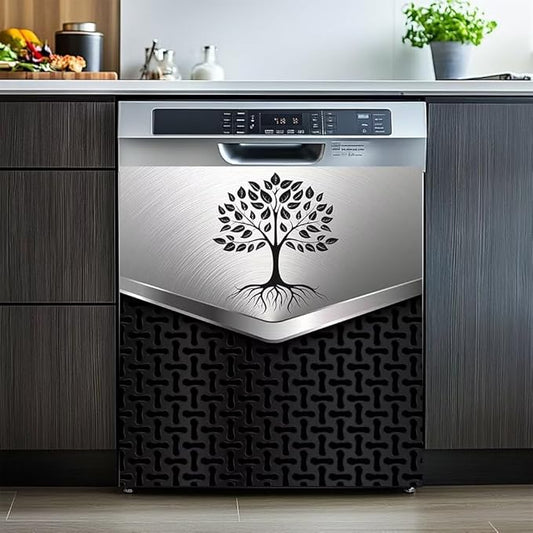 Dishwasher Front Panel Covers Magnetic Sticker Panel Decal Stainless Steel Design Tree Pattern Refrigerator Magnetic Cover Sticker Decorative for Kitchen Decor 23W x 26H inchs