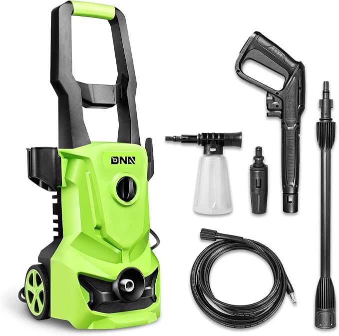 DNA Motoring TOOLS-00228 Up to 1813 PSI 1.45 GPM IPX5 1500W Electric Pressure Washer Car Wash Machine with Adjustable Nozzle Spray Soap Bottle, for Yard Car Driveway Patio Deck Cleaning (Green)