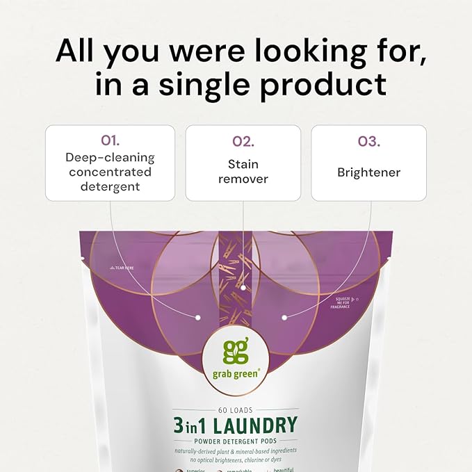 Grab Green 3-in-1 Laundry Detergent Pods, Gardenia Scent, Plant and Mineral Based, Superior Cleaning Power, Stain Remover, Brightens Clothes, White, 60 Count