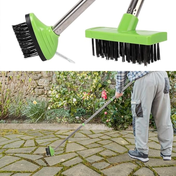 3-in-1 Weed Brush Tool Set, Adjustable Long Handle Crack Weeder & Moss Remover for Driveway, Patio, Sidewalk - Stainless Steel Crevice Cleaning Kit (2 Sets)