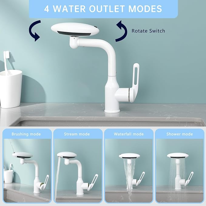 Bathroom Sink Faucet 1 Hole, White Multifunctional Basin Faucet with 4 Water Outlet Modes, Modern 360°Rotatable Bar Tap with Two Water Supply Pipes