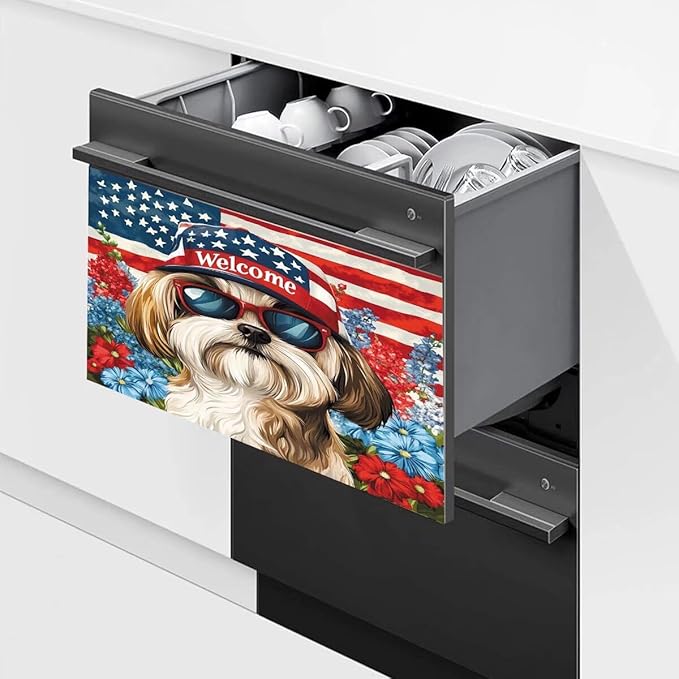 American Flag Pet Dogs Magnetic Sticker Dishwasher Cover Kitchen Decor, 23x17inch Floral Dishwasher Magnet Cover, Patriotic Dishwasher Decal, Refrigerator Panel,Magnetic Dishwasher Sticker
