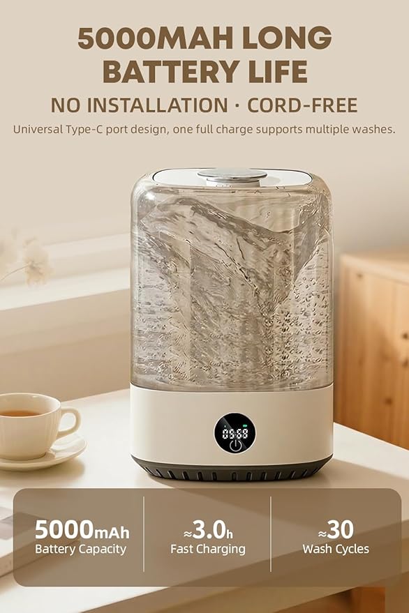 Portable Mini Washing Machine, 6L Compact Washer for Underwear, Baby & Pet Clothes, Rechargeable Cordless Laundry Machine for Singles, Apartments, RV, Type-C Charging