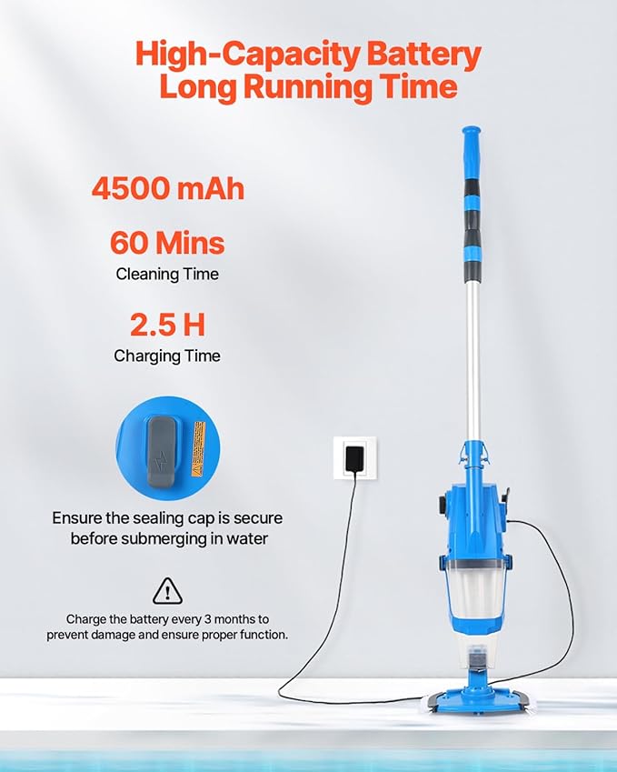 VEVOR Pool Vacuum, 26 GPM Handheld Cordless Hot Tub Vacuum with Extension Pole, for Deep Cleaning & Strong Suction, Rechargeable Pool Cleaner, Running up to 1Hour, for Above Ground/Inground Pool Spas