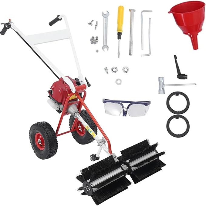 4-Stroke Gas Handheld Sweeper, Gas Power Hand Push Outdoor Broom Yard Lawn Brush Sweeper 23.6-inch, Driveway Cleaning Tools for Snow Lawn Leaf Artificial Turf Grass Gravel Cleaning