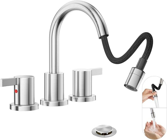 Phiestina Pull Down Sprayer Brushed Nickel Widespread Bathroom Sink Faucet, 8 Inch 2 Handles 3 Hole Pull Out Bathroom Faucet,with Pop Up Drain and Water Supply Line,BF04022-K01-GBN