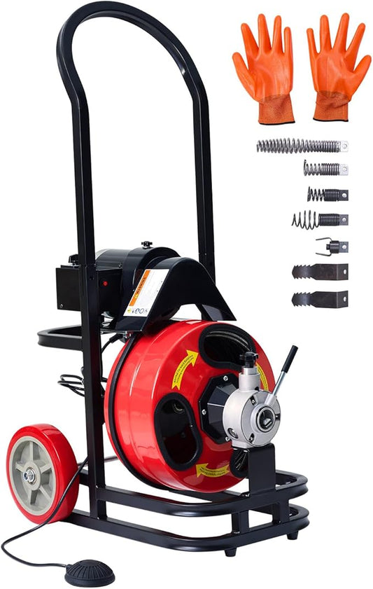 Drain Augers,50FT Steel Core Cable,CW/CCW Switch,Forward Reverse Control,Quick Replaceable Cutters -Electric Sewer Snake for 1"-4" Pipes,250W Motor Speed 1700 RPM,Air-Activated Foot Control