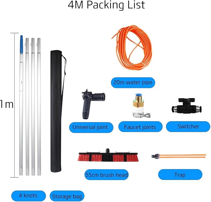 Cleaning Photovoltaic and Solar Panels,Window Clean, Glass Wall Cleaning, Washing Set Equipment Extension Pole Cleaning for Trucks Windows 4poles 55brush Head