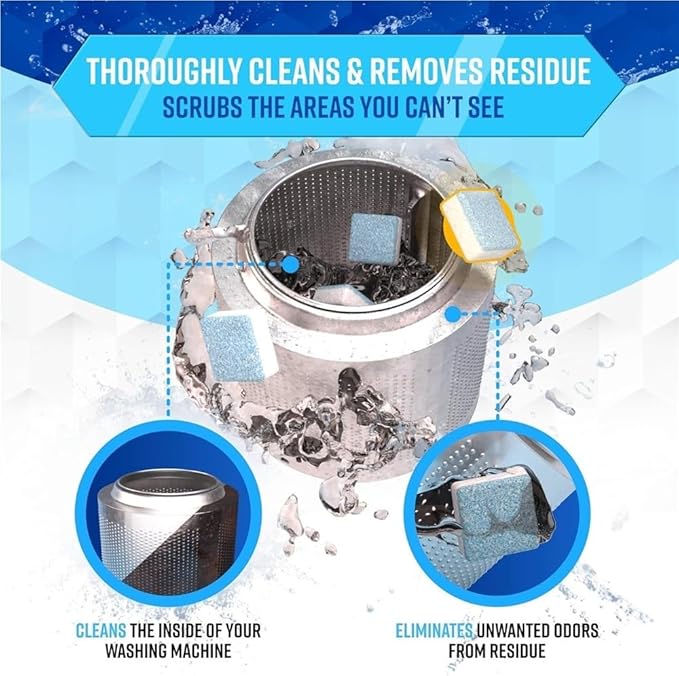 Washing Machine Cleaner Descaler 12 Pack - Deep Cleaning Tablets For HE Front Loader & Top Load Washer, Septic Safe Eco-Friendly Deodorizer, Clean Inside Drum and Laundry Tub Seal - 12 Month Supply(1C