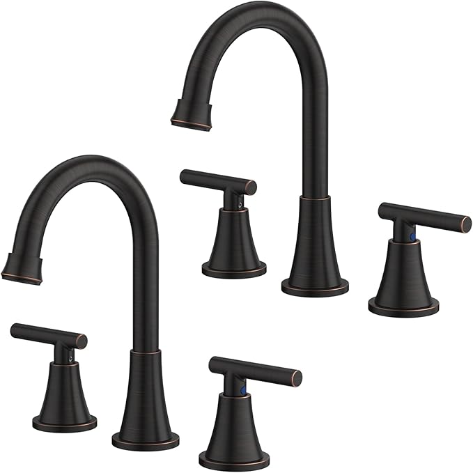 Bathroom Faucets for Sink 3 Hole, Hurran Oil Rubbed Bronze Bathroom Sink Faucet with Pop-up Drain and Supply Lines, Stainless Steel Lead-Free Widespread Faucet for Vanity RV, 2 Pack