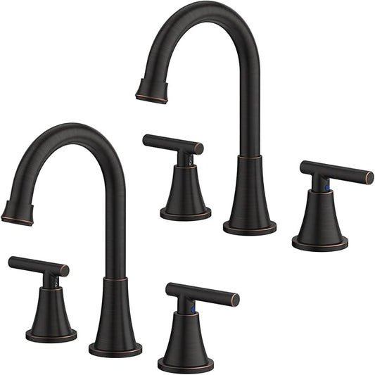 Bathroom Faucets for Sink 3 Hole, Hurran Oil Rubbed Bronze Bathroom Sink Faucet with Pop-up Drain and Supply Lines, Stainless Steel Lead-Free Widespread Faucet for Vanity RV, 2 Pack