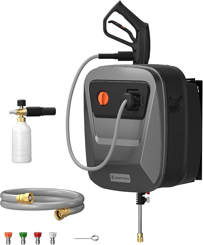 Giraffe Tools Grandfalls Retractable Pressure Washer G20, 2500 PSI 2.2 GPM, Wall Mounted with 65FT Hose Reel, 4 Nozzles for Floor/Cars/Fences/Patios, Dark Silver Case with Grey Pressure Hoses