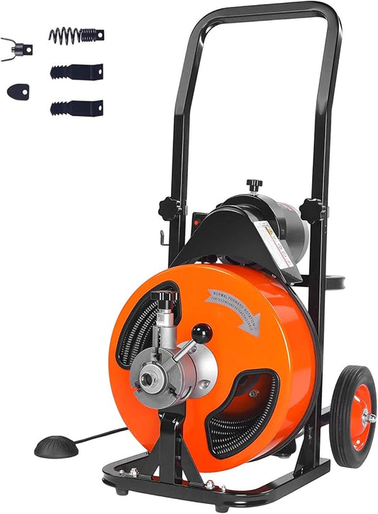 VEVOR Drain Cleaner Machine 100Ft X 3/8Inch, Sewer Snake Machine Auto Feed, Drain Cleaning Machine with 4 Cutter & Air-activated Foot Switch for 2" to 4" Pipes