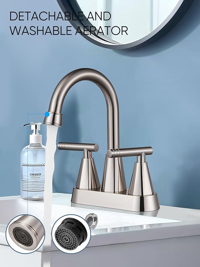 Cobbe 4 inch Brushed Nickel Bathroom Faucets with Pop up Drain and Two Supply Hoses, Lead-Free Stainless Steel 2 Handle Centerset Faucet for Vanity, RV