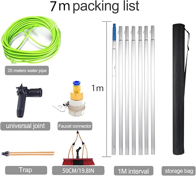 7m/23ft Water Fed Telescopic Window Cleaning Pole Extendable Cleaning Brush, Hose Fed Extendable Extended Window Cleaner Brush Tool Kit（50cm Brush 7m Pole）