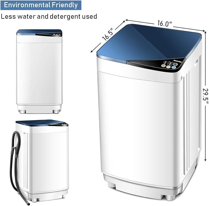 Giantex Full-Automatic Washing Machine Portable Washer and Spin Dryer 7.7 lbs Capacity Compact Laundry Washer with Built-in Barrel Light Drain Pump and Long Hose for Apartments Camping (White & Blue)