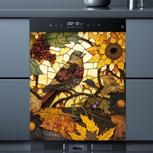Stained Glass Bird Dishwasher Door Panel Decal Magnet Cover, Stained Glass Art Magnet Dishwasher Full Door Cover Sunflower Grape Refrigerator Magnetic Sticker - 23" W x 26" H Magnetic