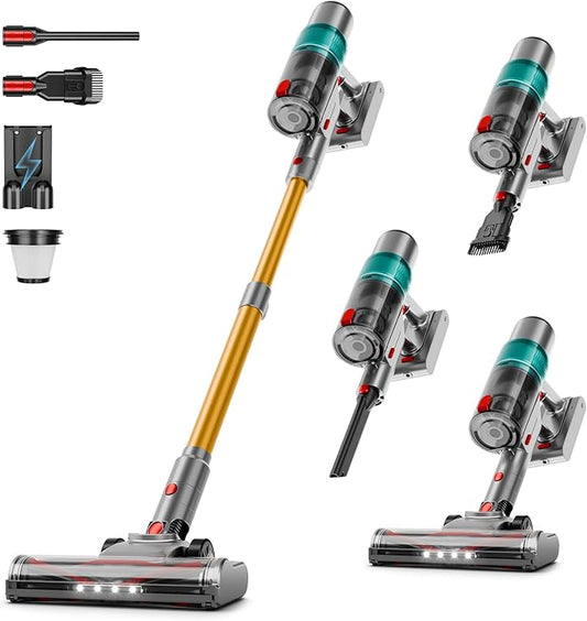 Cordless Vacuum Cleaner: Portable 6-in-1 Stick Vacuum with Anti-Tangle Brush, LED Headlight, Self-Standing, HD Display, Rechargeable Vacuum for Pet Hair, Low-Pile Carpet and Hardwood Floor-Green