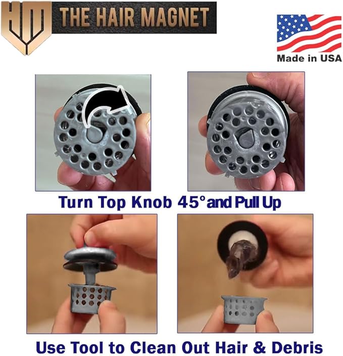 Hair Magnet 2.0 3-in-1 Bathtub Hair Catcher, Tub Stopper & Cleaning Tool – Drain Protector/Strainer Fits 1.5”–1.75” Bath – World’s Only Hair Trap w/Magnet Plug & Hair Remover, Prevent Costly Clogs (2)
