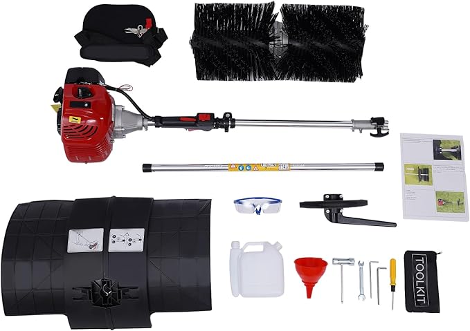 2-Stroke 52CC Gas Power Handheld Sweeper, Motor Side-Mounted Sweepers Snowplow Broom Driveway Turf Lawns Artificial Grass Power Brush Lawn Sweeper Cleaner Tools (52CC 1.7HP)