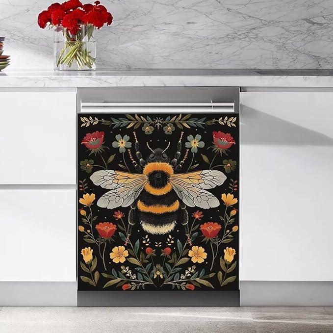 Flower and Bee Painting Dishwasher Magnetic Cover Sticker Magnetic Refrigerator Full Door Cover Sticker Kitchen Decor Panel Decal 23W x 26H inchs