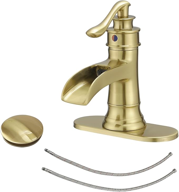 BWE Waterfall Bathroom Faucet Brushed Gold Bathroom One Hole Single Handle Vanity Sink Faucet with Pop Up Drain Assembly and Supply Hose