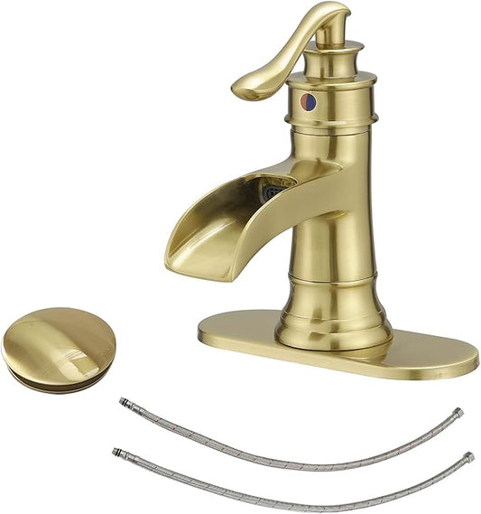 BWE Waterfall Bathroom Faucet Brushed Gold Bathroom One Hole Single Handle Vanity Sink Faucet with Pop Up Drain Assembly and Supply Hose