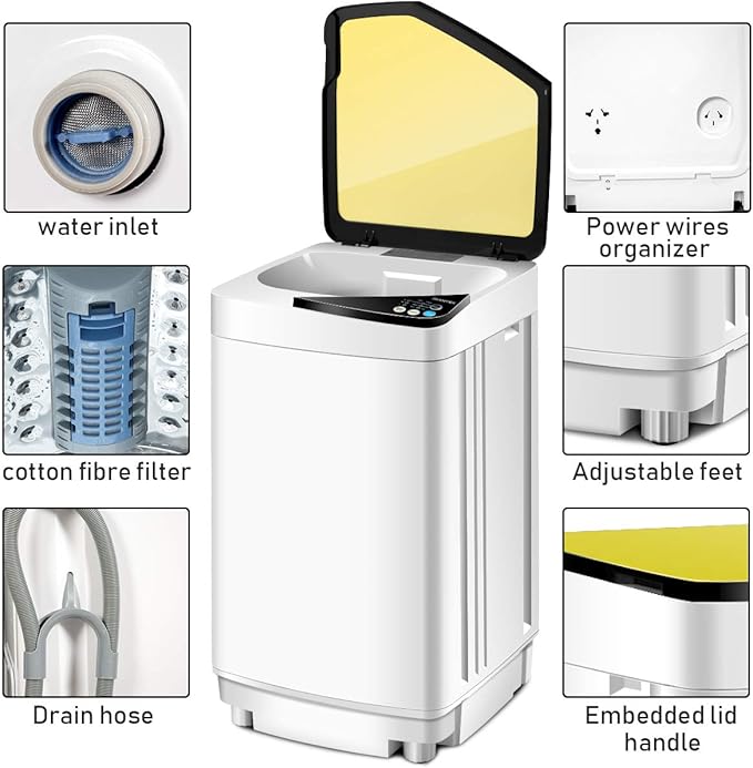 Giantex Full-Automatic Washing Machine Portable Washer and Spin Dryer 7.7lbs Capacity Compact Laundry Washer with Built-in Barrel Light Drain Pump and Long Hose for Apartments Camping (White & Yellow)