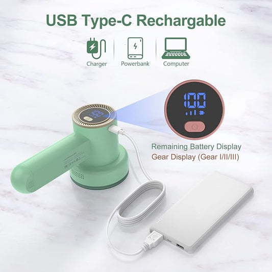 HOMEASY Fabric Shaver, Rechargeable Lint Remover for Clothes Green | Electric sweater shaver and depiller with 70mm head, 6-leaf blades, LED battery display and Type-C charging for Furniture - Image 2