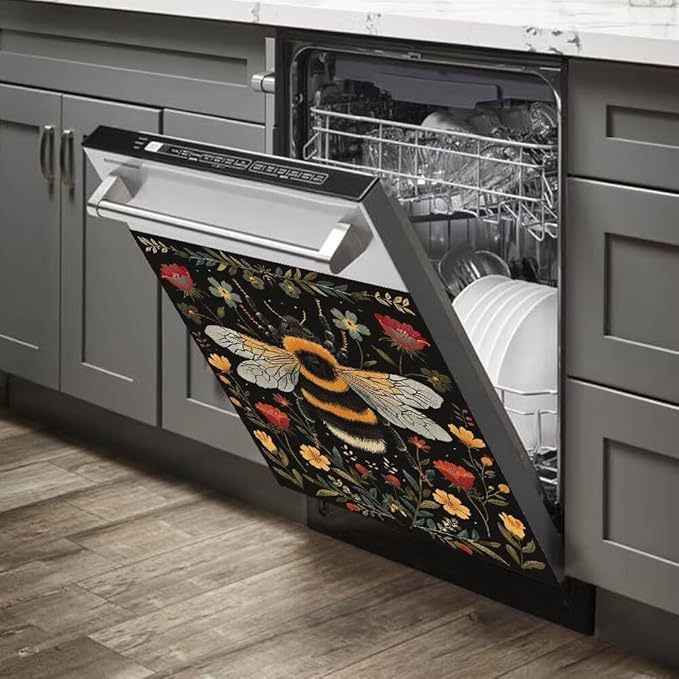 Flower and Bee Painting Dishwasher Magnetic Cover Sticker Magnetic Refrigerator Full Door Cover Sticker Kitchen Decor Panel Decal 23W x 26H inchs