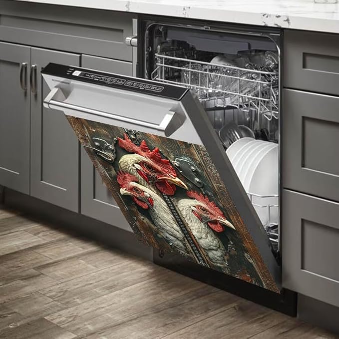 Wood Board and Rooster Painting Dishwasher Magnet Cover,Fridge,Refrigerator Magnetic Panel Decals,Home Appliances Cabinet Magnets Sticker 23W x 17H inchs