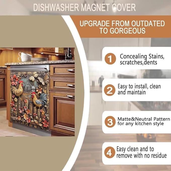 Rooster Chicken Farmhouse Kitchen Decor Dishwasher Magnet Cover Decal, Embossed Butterflie sMagnetic Dish Washer Panel Door Vinyl Sticker, Refrigerator Magnets,Easy to Clean, 23 x 26 inch