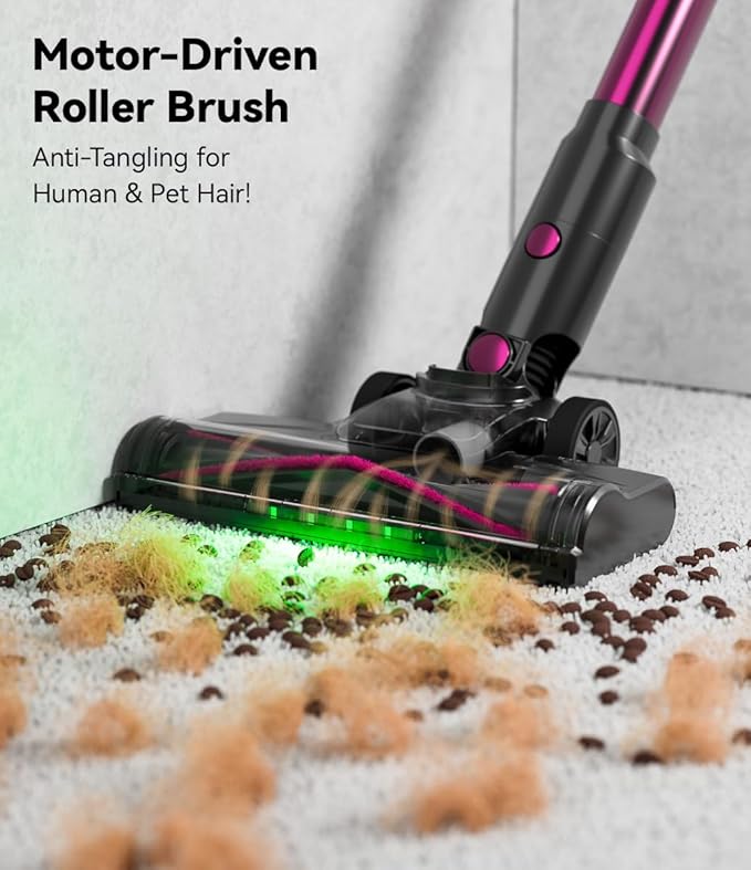 Cordless Vacuum Cleaner for Home,600W 40000PA 70Mins, Self-Standing,Powerful Suction Anti-Tangle Long&Pet Hair, Easily Picks Up Hard/Soft Debris for All Surfaces:Hardwood Floors,Tile,Carpet (Magenta)
