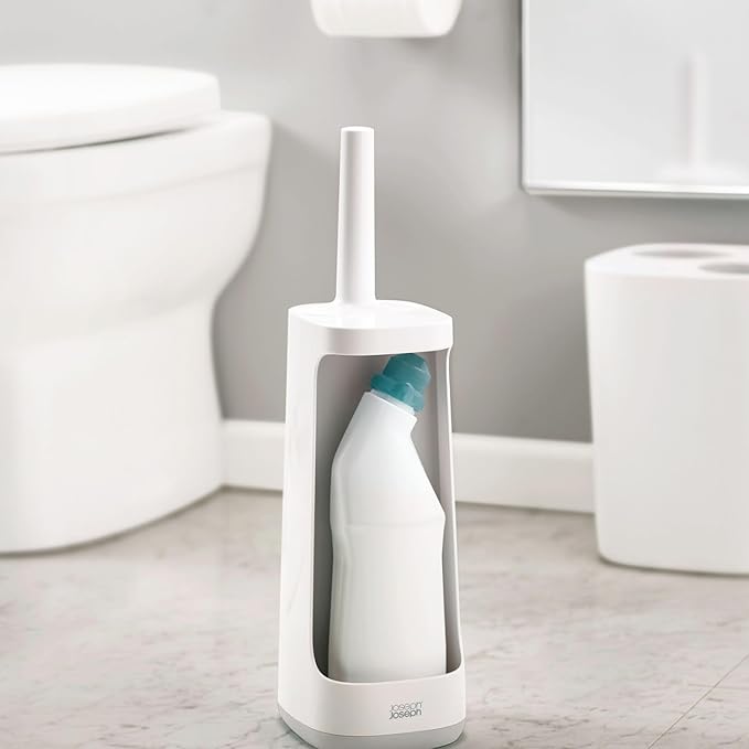 Joseph Joseph Flex Plus - Smart Hygienic Silicone Toilet Brush with Storage Bay Caddy, flexible, anti-drip, anti-clog deep clean head - Large, White/Grey