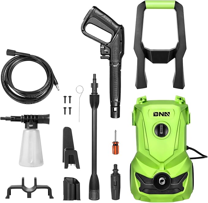 DNA Motoring TOOLS-00228 Up to 1813 PSI 1.45 GPM IPX5 1500W Electric Pressure Washer Car Wash Machine with Adjustable Nozzle Spray Soap Bottle, for Yard Car Driveway Patio Deck Cleaning (Green)