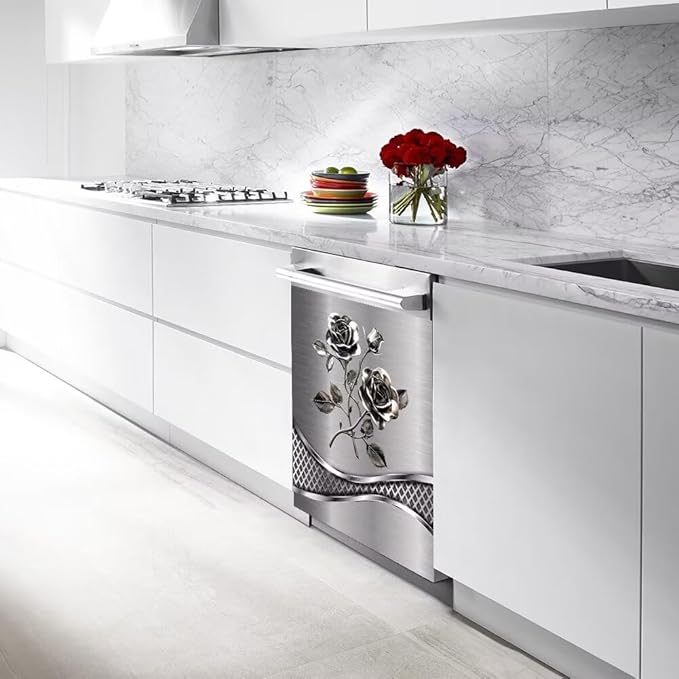 Imitation Stainless Steel Design Flower Pattern Magnet Dishwasher Cover Sticker,Kitchen Decor Refrigerator Magnets Decorative Fridge Magnetic Decal Vinyl Panel 23Wx17H inch