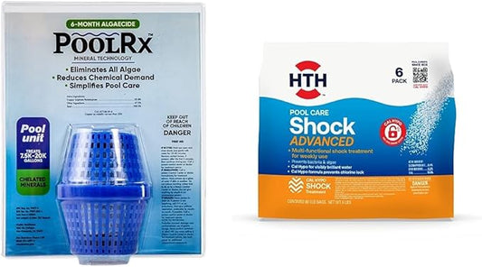 Pool RX 101001 6 Month Algaecide Blue Treats 7.5k-20k gallons + HTH 52036 Swimming Pool Care Shock Advanced, Swimming Pool Chemical, Cal Hypo Formula, (6 pack)