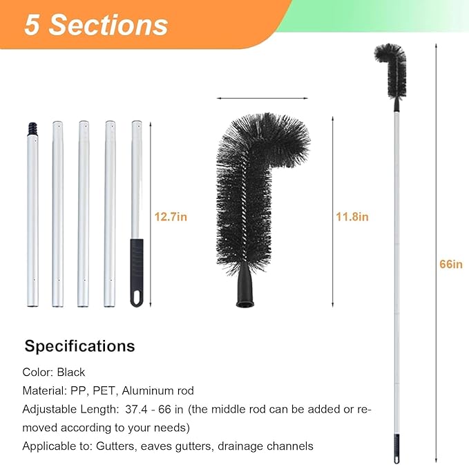 Outdoor Patio Rain Gutters Clean Kit with PET Brushes & Non-slip Handle for Debris Removal, 5.5ft 6.5feet 7.5foot Long Gutter Cleaning Tool From the Ground(5.5ft)