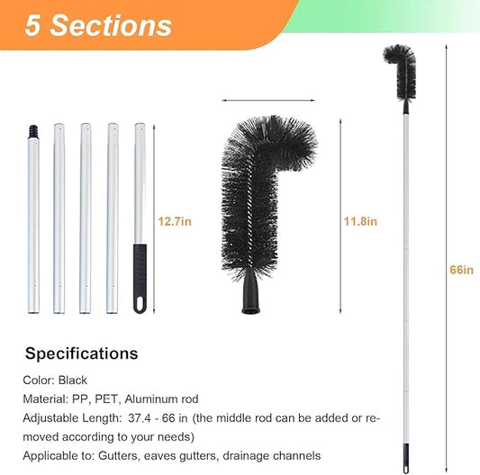 Outdoor Patio Rain Gutters Clean Kit with PET Brushes & Non-slip Handle for Debris Removal, 5.5ft 6.5feet 7.5foot Long Gutter Cleaning Tool From the Ground(5.5ft)