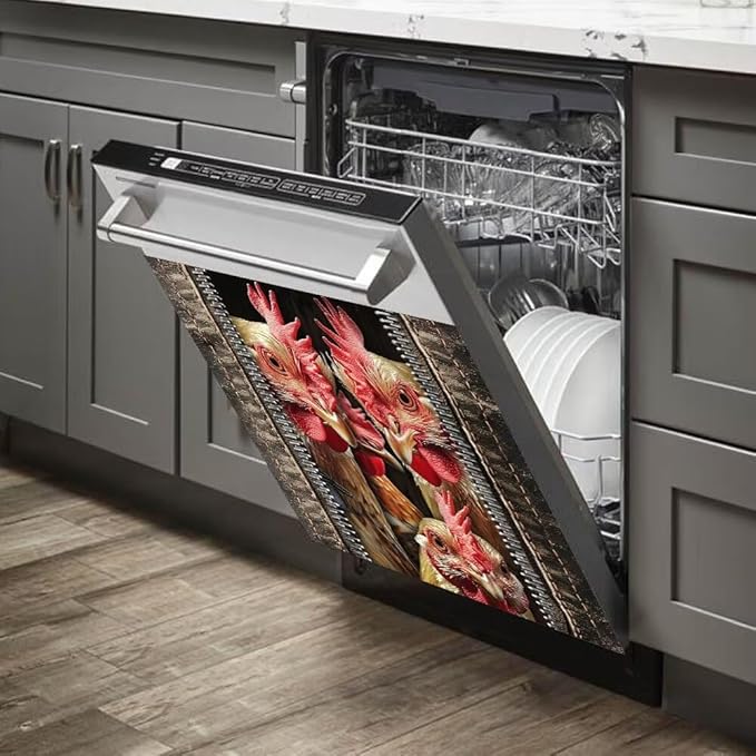 Wood Board and Rooster Pattern Dishwasher Magnet Cover,Fridge,Refrigerator Magnetic Panel Decals,Home Appliances Cabinet Magnets Sticker 23W x 26H inchs