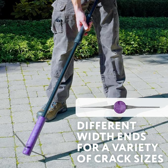 BICRACKIE Stand-Up Paver Crack Weeding Tool with 60" Steel Pole; Steel Blade with 2-Sized, 5" Tapered Ends for Patios, Driveways (Saw-Cut), Sidewalks, Pavers to Remove Weeds Easily; Made in USA