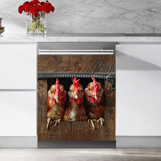 Wood Board and Rooster Wallpaper Dishwasher Magnet Cover Sticker Magnetic Refrigerator Panel Sticker Decorative Front Door Decal 23W x 17H inchs