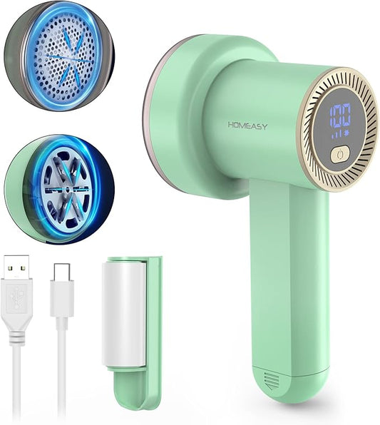 HOMEASY Fabric Shaver, Rechargeable Lint Remover for Clothes Green | Electric sweater shaver and depiller with 70mm head, 6-leaf blades, LED battery display and Type-C charging for Furniture by HOMEASY
