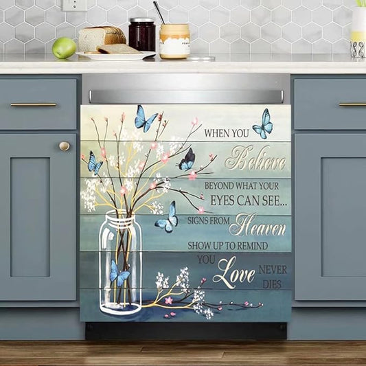 Floral Butterfly Dishwasher Magnet Cover -When You Believe Beyond What Your Eyes Can See Decals Magnetic Decoration,Flower Vase Dishwasher Magnets Decal for Home Kitchen Appliance Decor 23"x17"