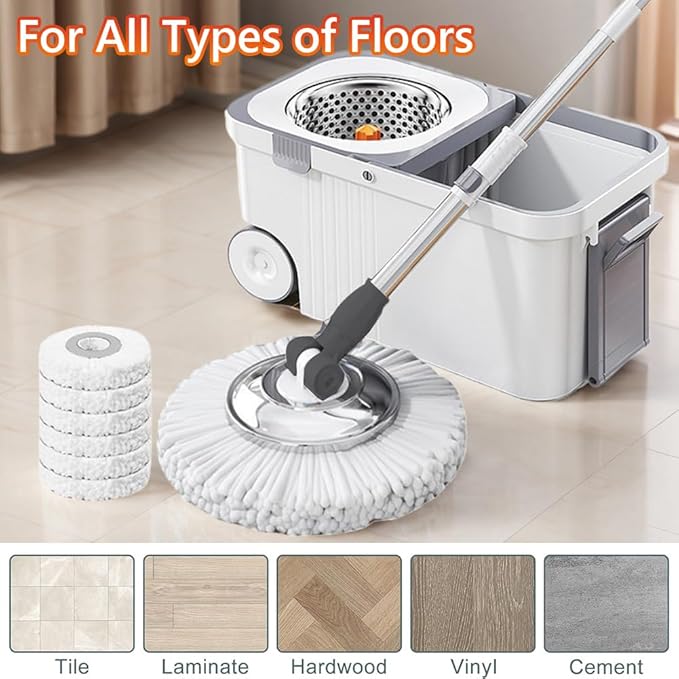 360 Spinning Floor Cleaning System with 6 Replacement Head Refills Extended Handle Household Cleaning Automatic Hand-Free Automatic Dehydration Mop for Household Floor Cleaning (White Blue)