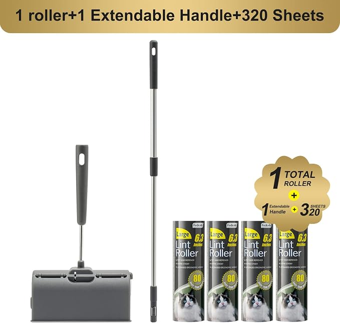Fedicelly Lint Rollers Pet Hair Extra Sticky Floor with Long Handle,Large Cat Dog Hair Remover Laundry Clothes Carpet Furniture,6.3 inches Wider with 320 Sheets Giant Lint Remover Brush for Couch - Image 2