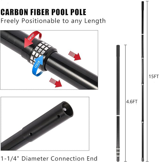 Carbon fiber pool pole, 4-section telescopic 15 foot, lightweight and easy to grip adjustable cleaning pole, used for pool cleaning, connected to fishing net, rake, brush, vacuum head cleaning (15FT)
