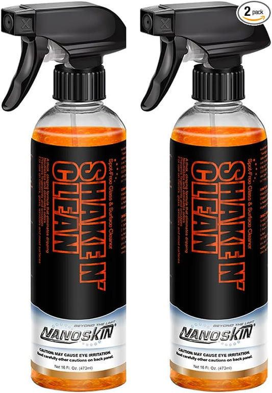 Nanoskin SHAKE N' CLEAN Glass & Multi-Surface Cleaner 32 Oz (2x16 Oz) - Thick Clinging Sprayable Solution for Auto & Home - Streak-Free Shine, Ammonia-Free, Safe for Tinted & Non-Tinted Windows